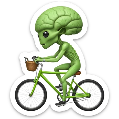 big-brain alien riding a bicycle, oversized head, visible brain texture, intelligent but clumsy cycling pose, sci-fi cartoon vibe, 3D cartoon, mobile game icon style, clean background, no text, no watermark
 sticker