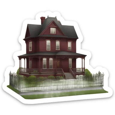 Maroon cedar sided  SIMPLE victorian house with a metal fence  sticker