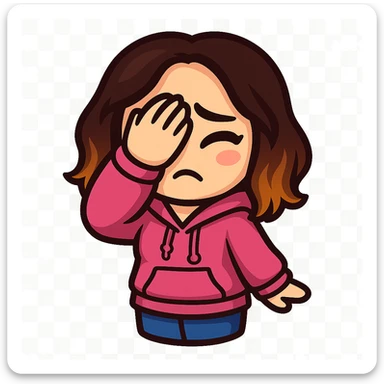 Sticker style chibi emote, matching the attached green heart emote as a base. Woman from reference, pink hoodie and blue jeans, facepalming, cute embarrassed face, no headband, no wand, transparent background. Top color should not match jeans. sticker