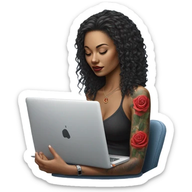 Hyper Realistic beautiful woman model with a small rose tattoo typing on a laptop  sticker