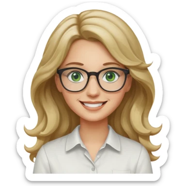 long wavy dirty blonde hair woman with green eyes and glasses smiling sticker