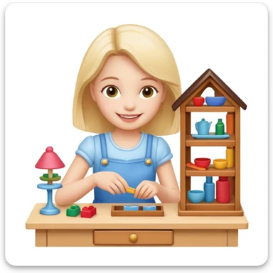 smiling girl arranging furniture in doll house sticker