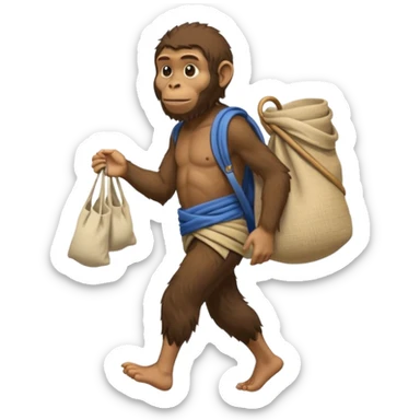 Draw an Australopithecus walking like a nomad, carrying a cloth bundle over its shoulder, in a cute flat iPhone emoji style sticker