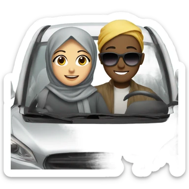 One girl wearing hijab and one boy with sunglasses smiling in car sticker