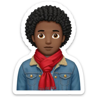 black skin man, curly black hair wear red scraft, jean jacket sticker