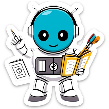 A shiny metal robot man with a circular chest plate divided into four segments, each featuring an art symbol: paintbrush, musical note, drama masks, and book sticker