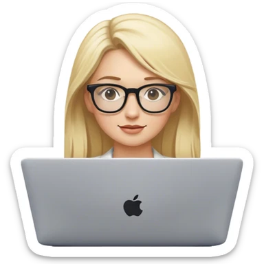 Blonde woman at laptop with glasses sticker