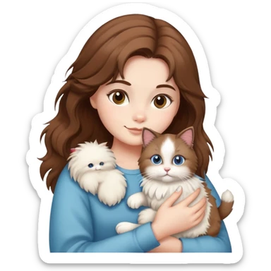 brown-haired girl holding a fluffy ragdoll cat sticker
