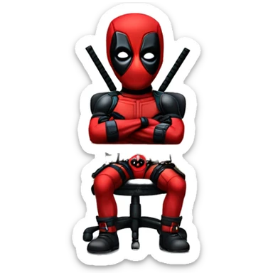 Cute Deadpool sitting at a desk, front view sticker