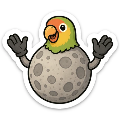 The Moon satellite with a small parrot head, with arms wearing gloves, with a happy expression sticker