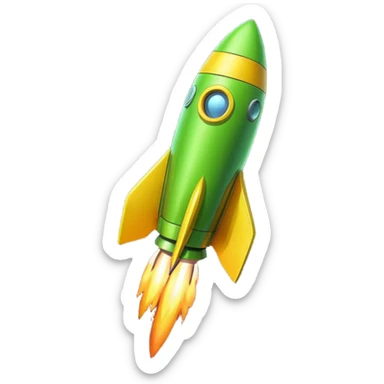 A single rocket, colored in yellow and neon green, glossy and smooth, cartoonish, vibrant colors, high detail, simple and cute design, isolated on white background, centered composition sticker