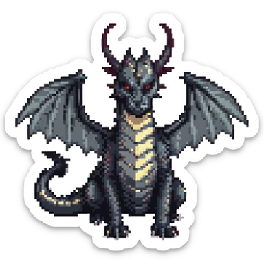 fierce black dragon with large wings and two medium horns, pixel art style sticker