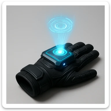 a black high-tech glove lying flat, with a holographic device emitting blue light, futuristic, glowing blue hologram, clean background sticker
