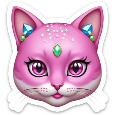 glamorous cat portrait, head and shoulders only, exaggerated pink makeup, bright eyeshadow, long eyelashes, shiny blush cheeks, sparkling face gems, glitter accents, elegant earrings, fantasy beauty style, cute 3D cartoon, mobile game icon style, clean background, no text, no watermark
 sticker