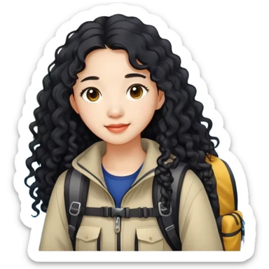 A Chinese girl around 20 years old and have long curly black hair likes travel (hiking or diving) sticker
