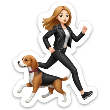 A beautiful tall girl with fair skin and long hair wearing a black leather jacket and black pants running with Beagle sticker