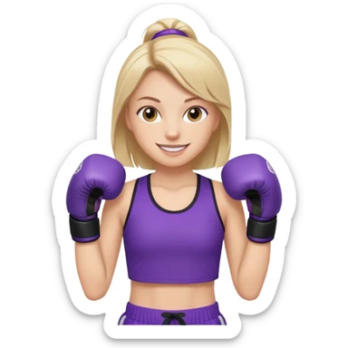 a white girl in  purple gear kickboxing smiling with a full shirt on sticker