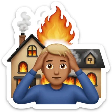 a man stands with his hands on his head, a house on fire behind him, with more smoke, apple style emoji sticker