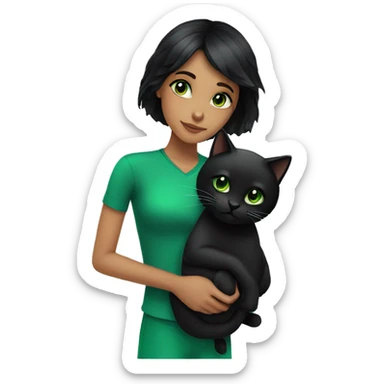 Girl with black hair holding a black cat with green eyes  sticker