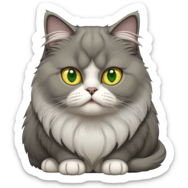 Persian cat with long gray fur, white patch on forehead, white chest, big yellow-green eyes, sitting position, emoji style sticker