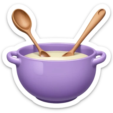 a lilac ceramic mixing bowl with a wooden spoon stirring sticker