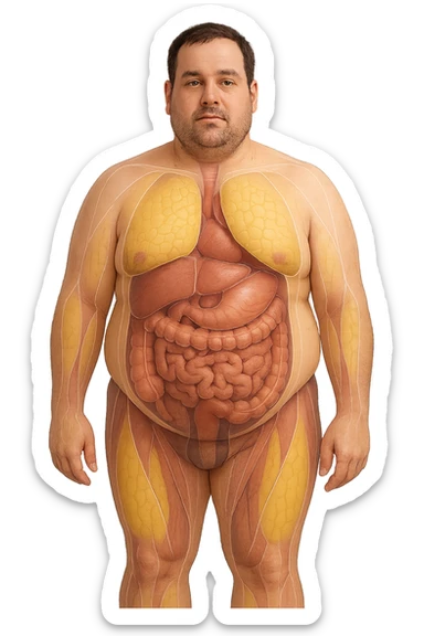 an adult man with a visibly overweight physique stands in a clinical setting. Semi-transparent overlays highlight areas of fat accumulation, especially around the abdomen, chest, and thighs. The fat tissue is shown in yellow, contrasting with underlying muscles and organs. The background is clean and modern, emphasizing the educational aspect. senza scritte sticker