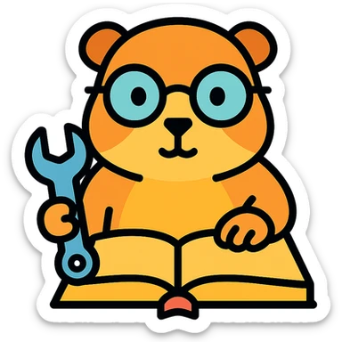studious guinea pig with glasses, holding a wrench and fixing a book, color outline icon sticker