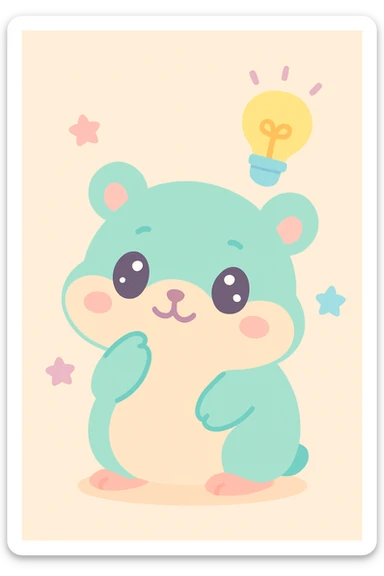 a cute hamster thinking about an idea, lightbulb above its head, playful style, kawaii illustration sticker