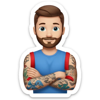 25-year-old man, blue eyes, brown hair, short beard, tattoos on left arm, arms crossed, smiling, emoji style sticker