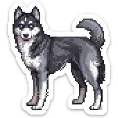 pixel art of a black husky dog, standing, tail curled sticker