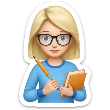cute girl, glass, smart, Sky-blue colored clothing,
holding a book in one arm and a pen in the other hand.Holding a pen in the right hand as if teaching.Wearing black glasses, with a smart and bright-looking face. sticker