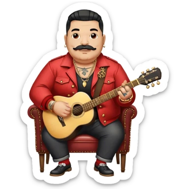 Icon for Chanson: Old fat chanson singer with tattoos and small moustache, red jacket, gold chains and braslettes, sitting on a chair with an acoustic guitar and standing microphone. No earrings. The atmosphere should reflect a nostalgic, soulful vibe with vintage elements. Transparent background. sticker