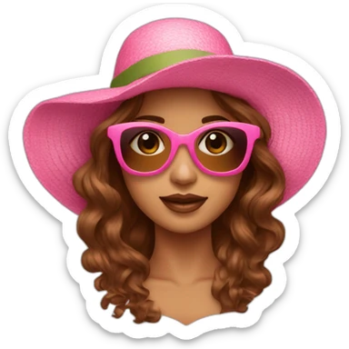 pink sunglasses on female head with wavy brown hair and a summer hat sticker