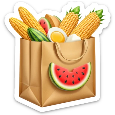 Paper grocery store bag filled with corn cobs, bread loafs, watermelon slices, eggs, and milk carton sticker