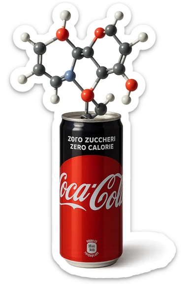 rappresenta una molecola chimica di aspartame che esce da una lattina di coca cola zero, iperrealistica 4k sticker