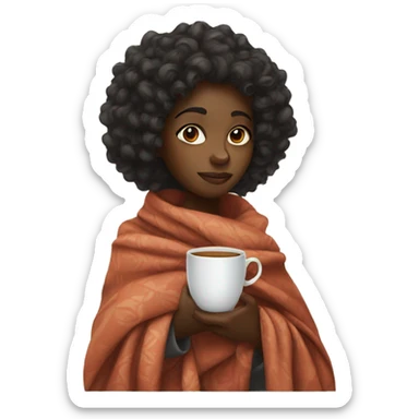 a black girl with curly hair wrapped in a blanket with a cup of tea sticker