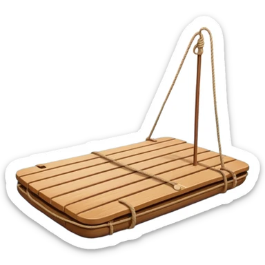 showing a simple wooden raft floating on calm blue water — made of several brown logs tied together with rope — gentle ripples around it — bright, cheerful lighting and soft shadows — minimalist, clean emoji design sticker