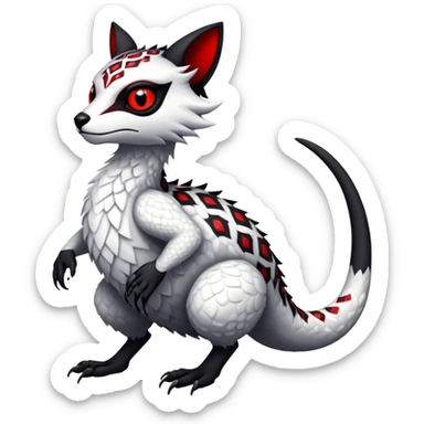 a white exotic edgy vernid-fionbr-Fakémon-creature, with black belly and red eyes, full body sticker