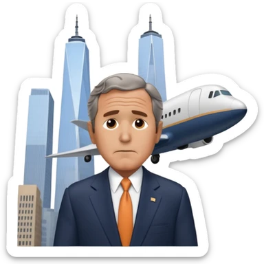  emoji of the world trade center with a plane crashed into it and george bush on a phone in front of it sticker