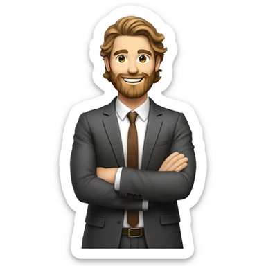 Smiling athletic attractive white man with brown long shoulder length wavy hair and brown full beard in proffessional suit crossing arms  sticker