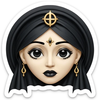 Emoji style, gothic religious icon inspired by madonna imagery, single eye motif formed from black metal, draped metallic folds, high-fashion avant-garde aesthetic, heavy sculptural form, no glow, no neon, flat minimalist emoji, centered, transparent background sticker