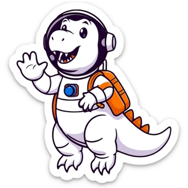 cartoon sticker of a t-rex astronaut waving, stars in background sticker