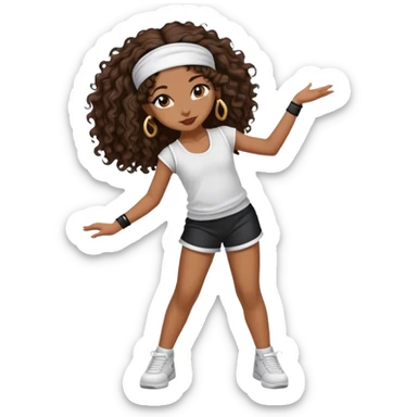 Dancing brown girl with long darn brown curly hair with headband hip hop sticker