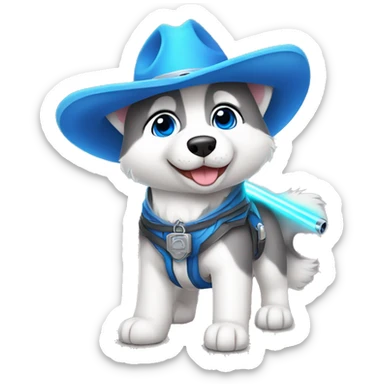 Gray Siberian Husky with blue eyes puppy wearing a cowboy hat dressed in Jedi clothing Holding a Lightsaber On leash  sticker