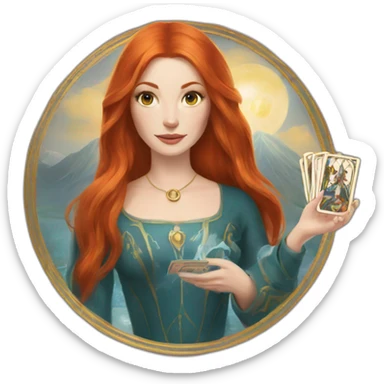 redhead white woman medium long straight hair, holding a tarot card in her hand sticker