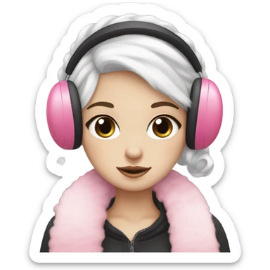 pale girl blushy with black blow out hair and a pink scarf with white fluffy earmuffs sticker
