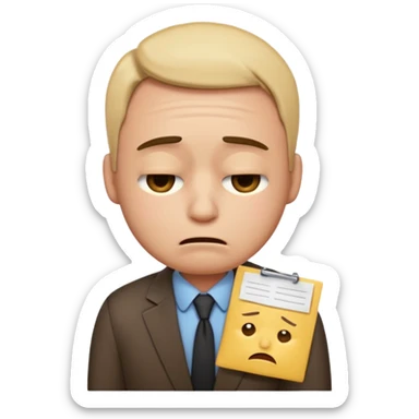  emoji character wearing a interview clothoes. face has a very sad crying, disappointed expression with drooping eyebrows and half-closed eyes. posture is dejected, with slumped shoulders just rejected from his interview to get a job, holding CV. dont make it old person. sticker