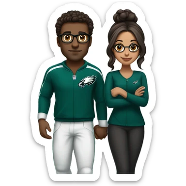 Brown guy and brown girl with glasses and hair in a bun in Philadelphia eagles clothes holding hands sticker