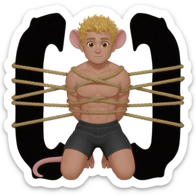 man with brown eyes, rat ears, curly blond hair. he dressed in black shorts. he is on his knees. her arms are tied up with ropes sticker