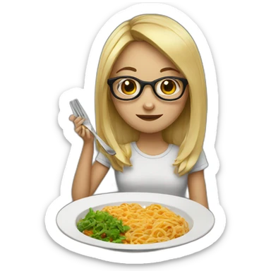girl with glasses eating a plate with bami sticker